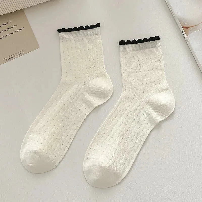 One Pair of Frilly Socks With Heart Pattern | Cute Crew Socks | Causal Socks - KawaSocks