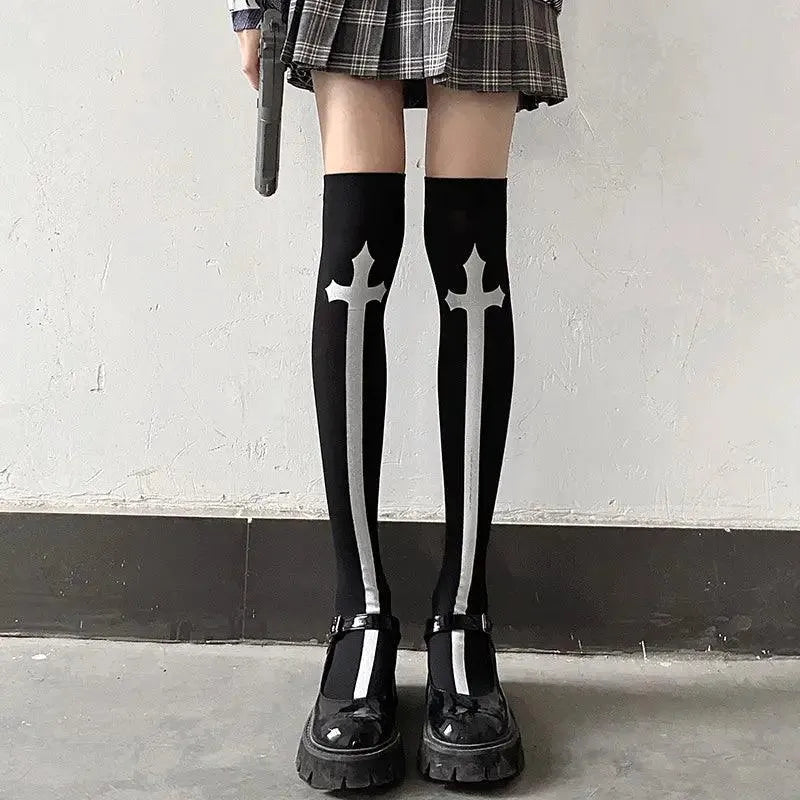 Gothic & Punk Fashion Halloween Knee High Socks with Cross - KawaSocks