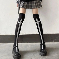 Gothic & Punk Fashion Halloween Knee High Socks with Cross - KawaSocks