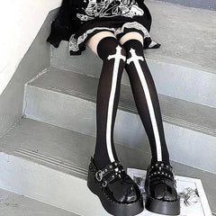 Gothic & Punk Fashion Halloween Knee High Socks with Cross - KawaSocks