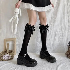 Gothic Lolita Fashion Black Knee High Socks with Frilly Cuffs - KawaSocks