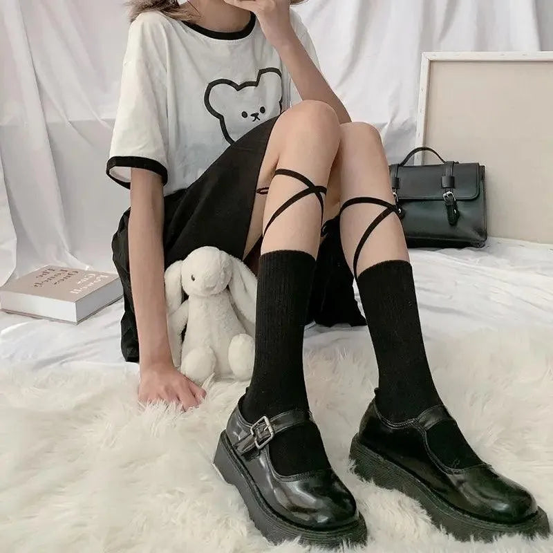 Gothic & Lolita Cross Socks | Knee High Socks with Ribbon Tie - KawaSocks