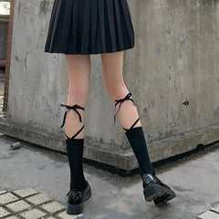 Gothic & Lolita Cross Socks | Knee High Socks with Ribbon Tie - KawaSocks