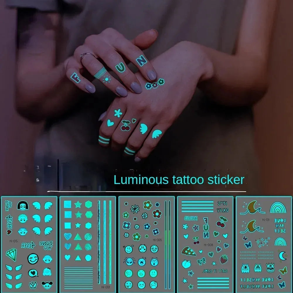 Waterproof Temporary Tatoo Blue Luminous Tattoo Stickers Rainbow Party Face Finger Fake Tattoo Stickers Fluorescent Glowing - KawaSocks