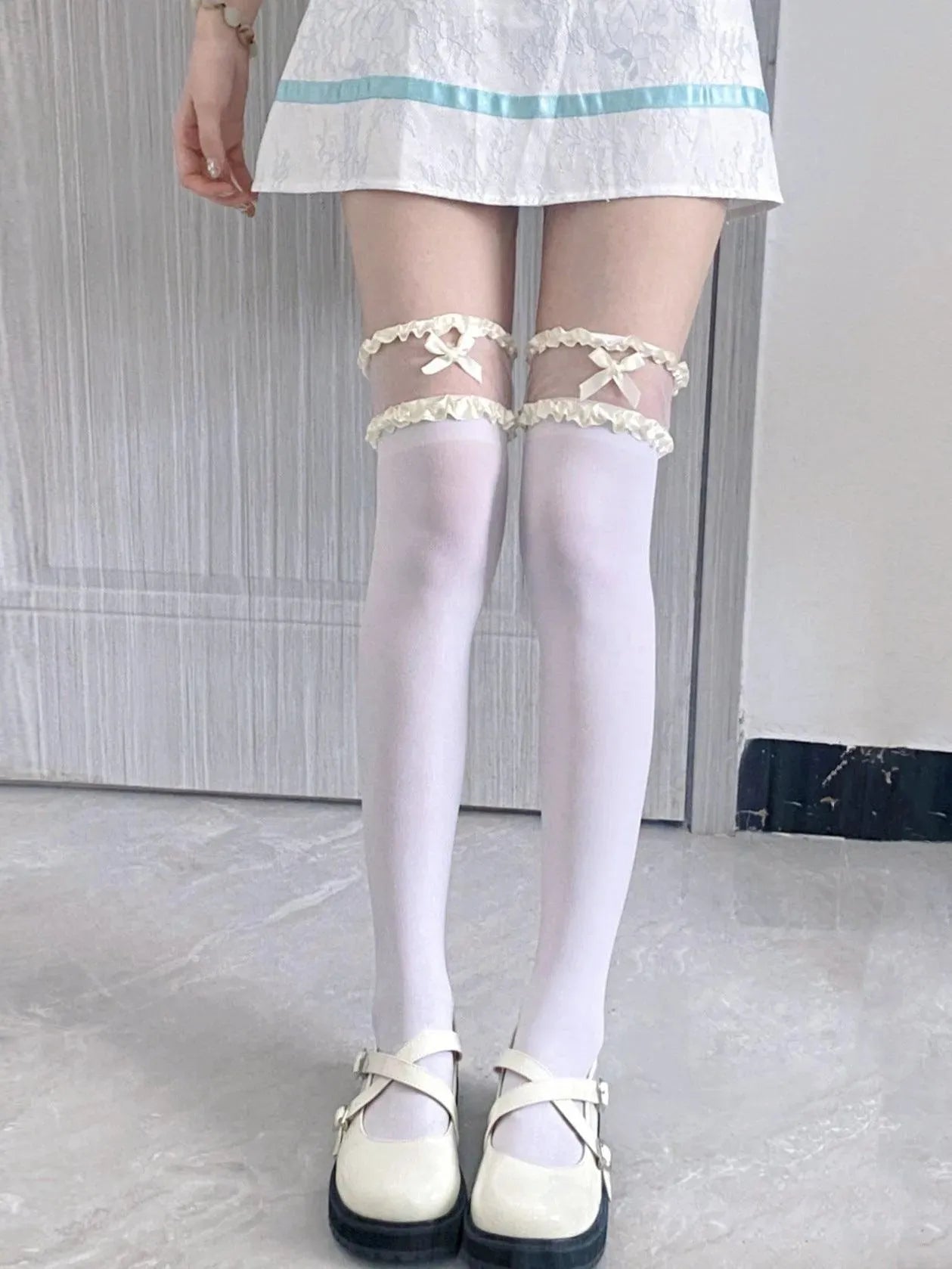 white lace thigh high socks with Bows and Lace - Cream, Blue, Pink - KawaSocks