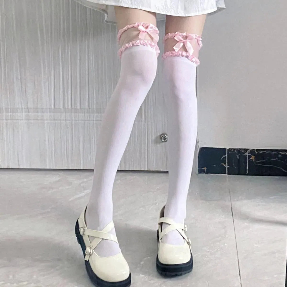 white lace thigh high socks with Bows and Lace - Cream, Blue, Pink - KawaSocks