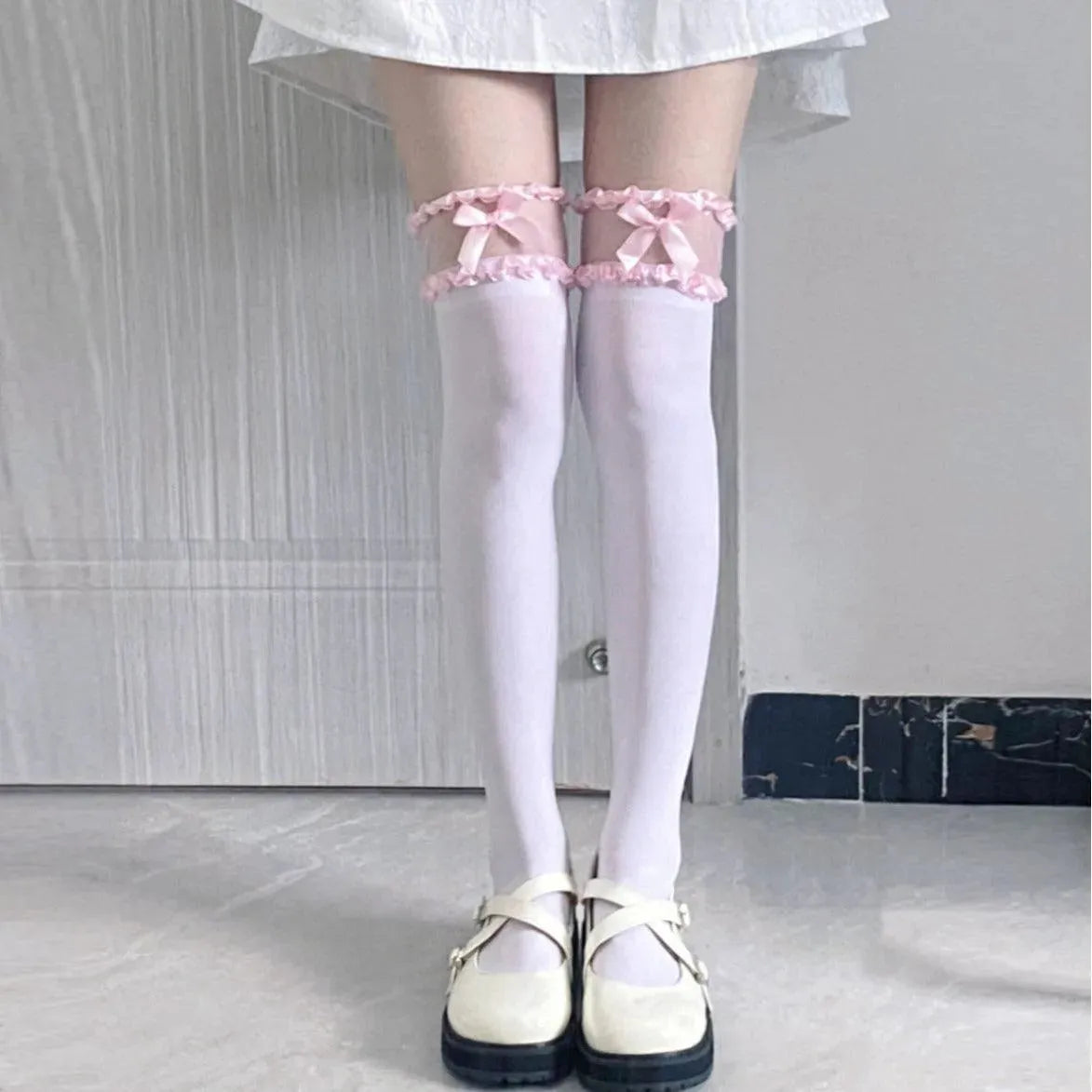 white lace thigh high socks with Bows and Lace - Cream, Blue, Pink - KawaSocks