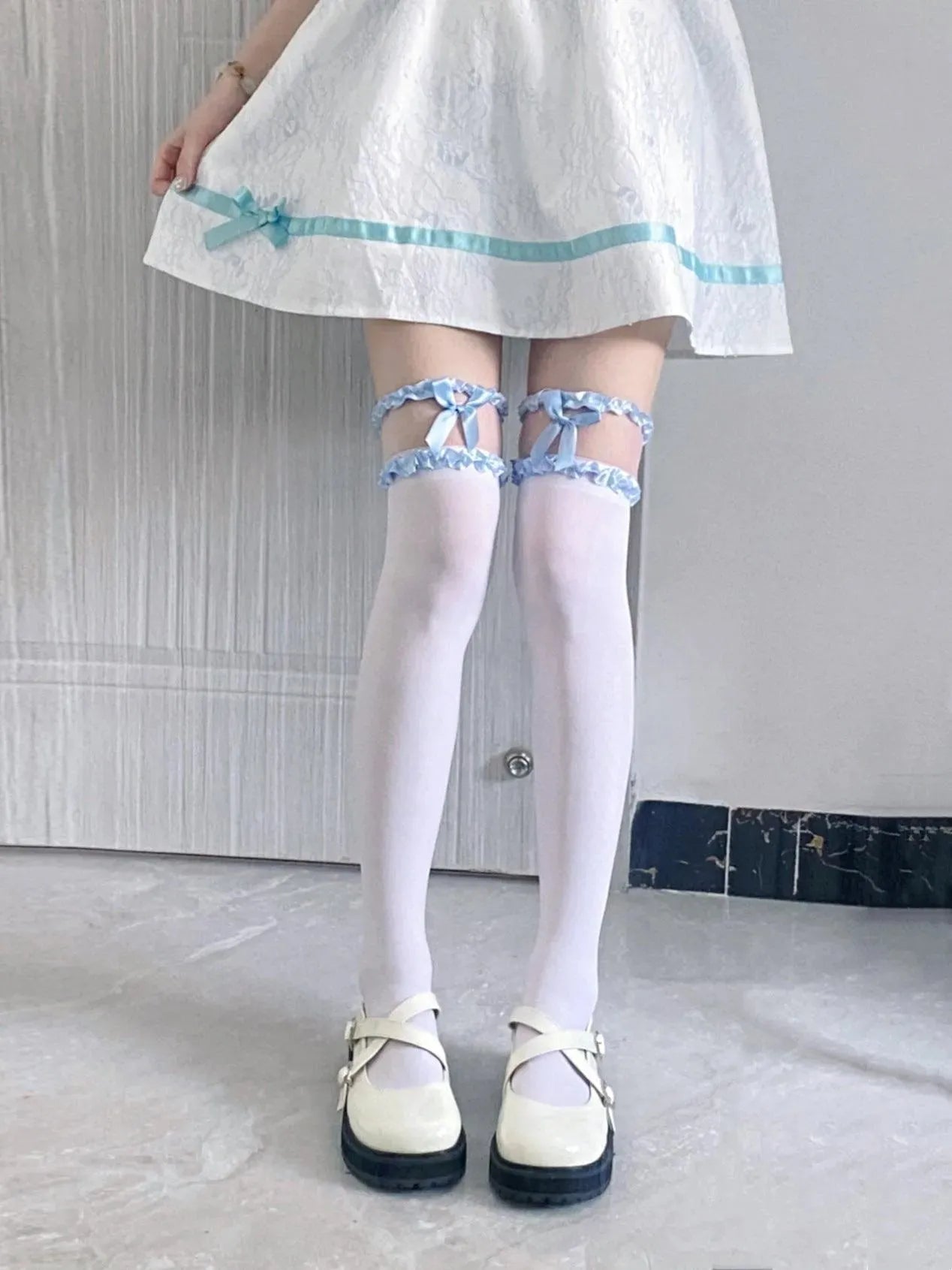 white lace thigh high socks with Bows and Lace - Cream, Blue, Pink - KawaSocks
