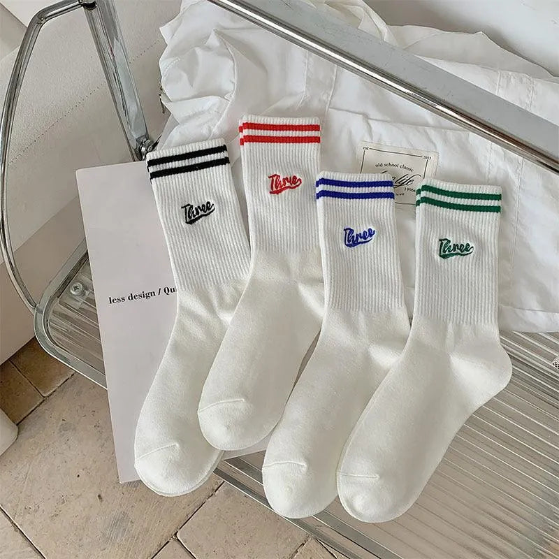 Kpop White Socks for Women | Striped Crew Socks | Kpop Outfits - KawaSocks