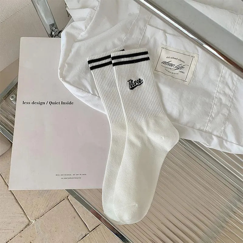 Kpop White Socks for Women | Striped Crew Socks | Kpop Outfits - KawaSocks