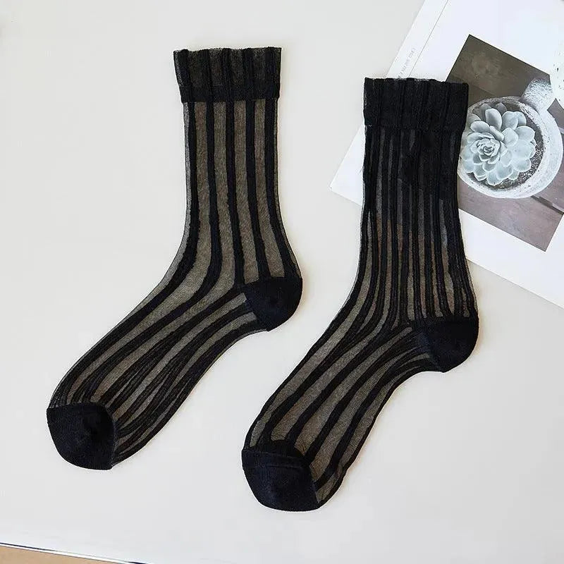 Black sheer socks with vertical stripes