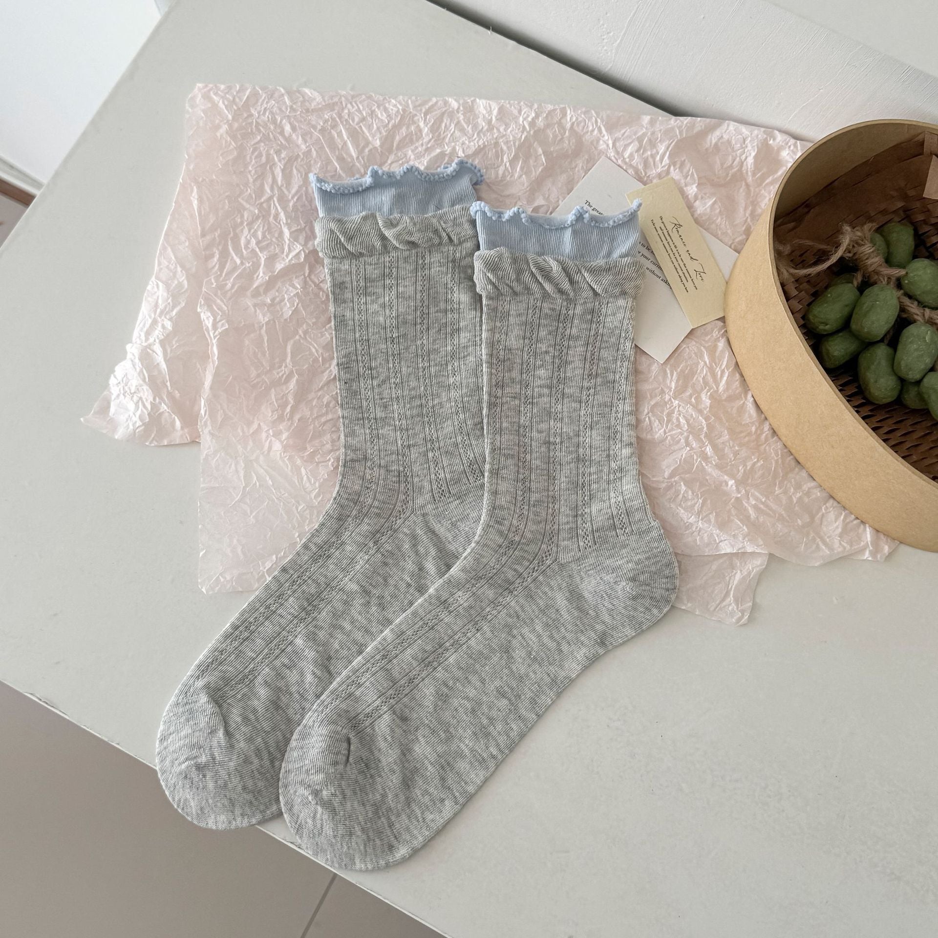Vintage Cottagecore Pointelle Ribbed Cotton Double Layer Ruffle Crew Socks For Romantic Mori Girl Outfits - KawaSocks