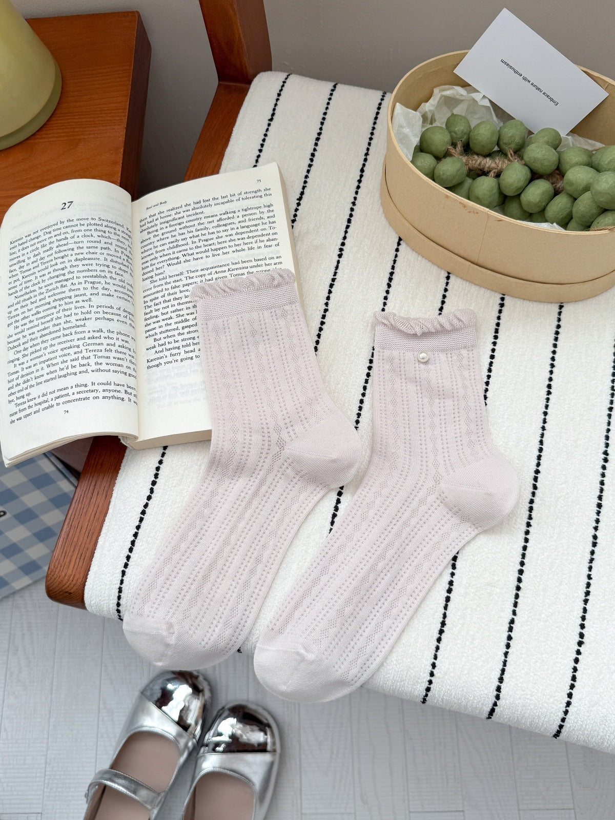 Vintage Coquette Pointelle Mesh Pearl Trim Ruffle Crew Socks - KawaSocks