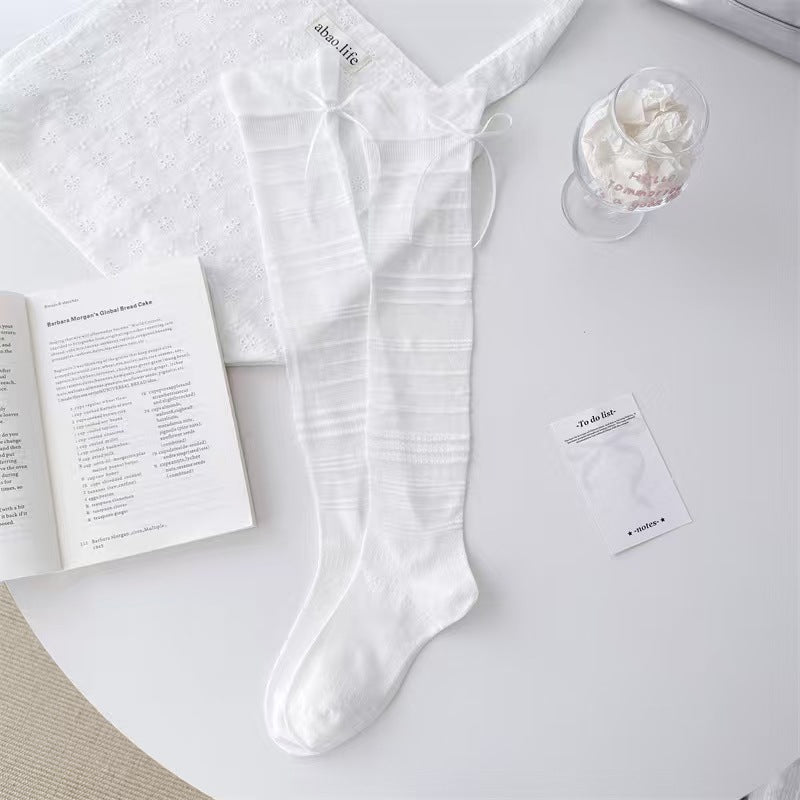 Coquette Balletcore Sheer Striped Mesh Knee High Ribbon Socks - KawaSocks
