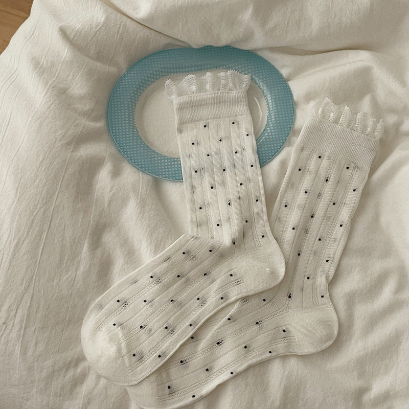 Vintage Coquette Ribbed Cotton Polka Dot Lace Trim Crew Socks For Sweet Outfits - KawaSocks