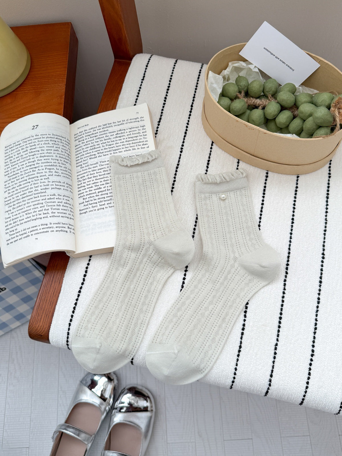 Vintage Coquette Pointelle Mesh Pearl Trim Ruffle Crew Socks - KawaSocks