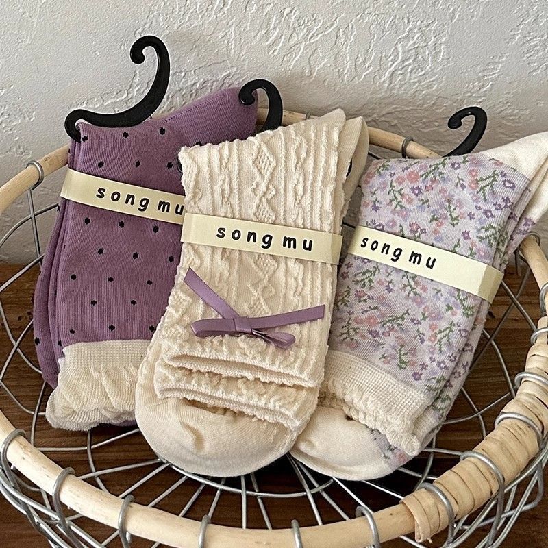Cottagecore Vintage Soft Cotton Ruffle Edge Ribbon Crew Socks For Romantic Outfits - KawaSocks