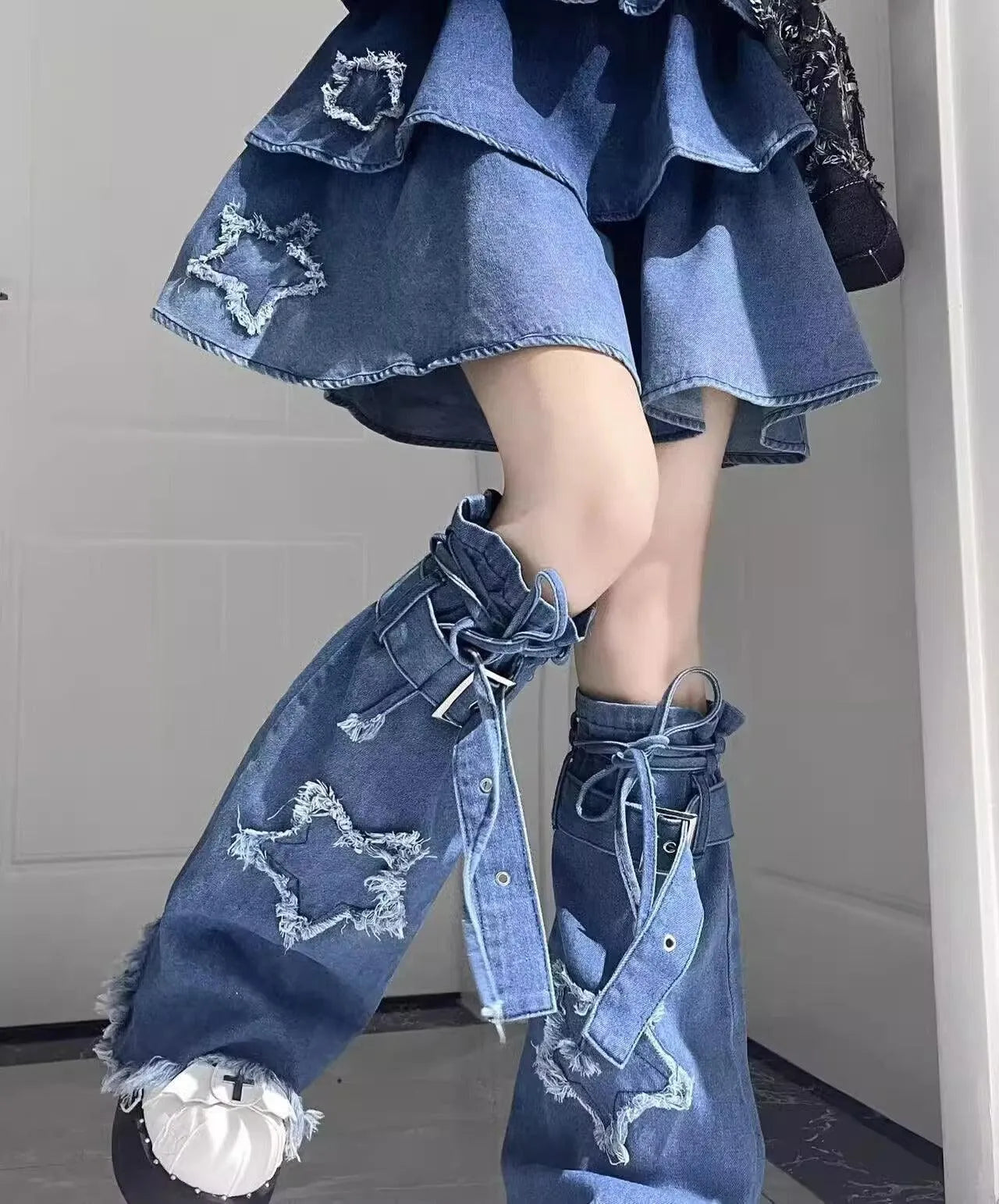 Star Patched Flared Denim Leg Warmers Y2K | Gothic & Punk Outfis - KawaSocks