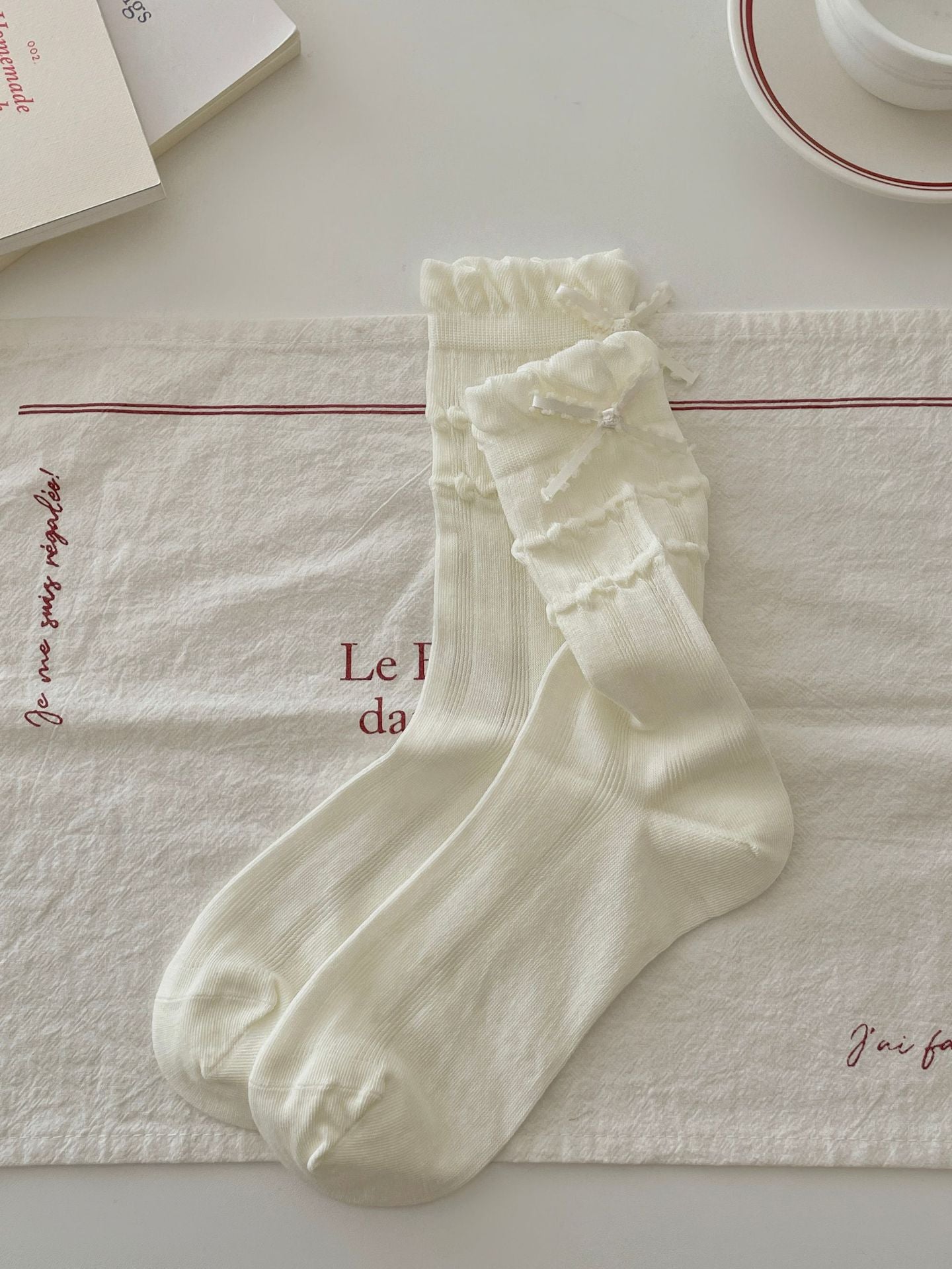 Sweet Coquette Ribbed Cotton Wavy Bow Crew Socks For Romantic Balletcore Styling - KawaSocks