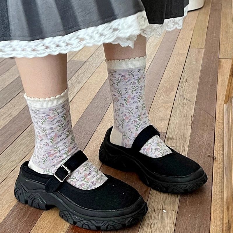 Cottagecore Vintage Soft Cotton Ruffle Edge Ribbon Crew Socks For Romantic Outfits - KawaSocks