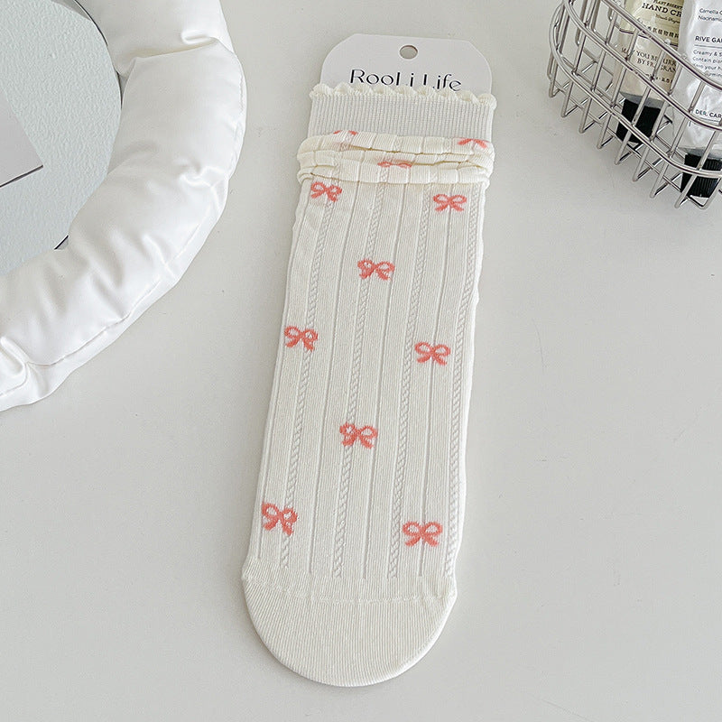 Coquette Kawaii Balletcore Ribbed Cotton Knitted Bow Crew Socks for Romantic Daily Fashion - KawaSocks