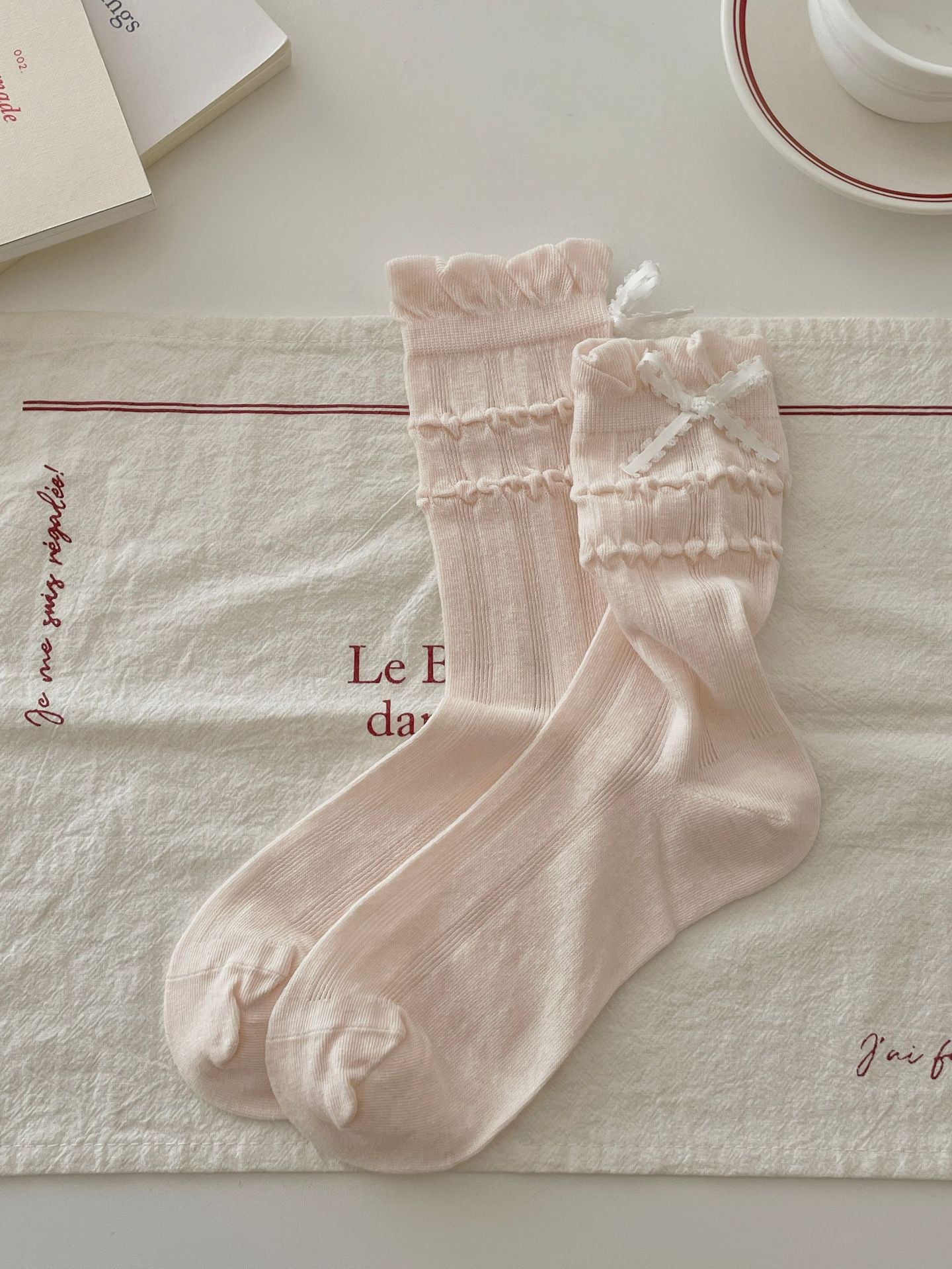 Sweet Coquette Ribbed Cotton Wavy Bow Crew Socks For Romantic Balletcore Styling - KawaSocks