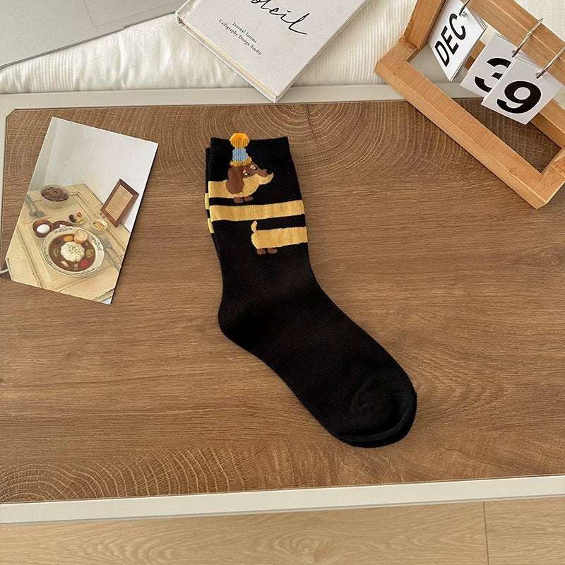 Playful Dachshund Puppy Print Soft Cotton Crew Socks for Casual Everyday Outfits - KawaSocks