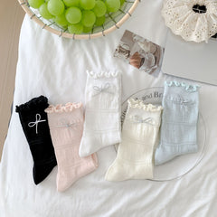 Sweet Balletcore Pointelle Cotton Silver Bow Ruffle Crew Socks For Romantic Outfits
