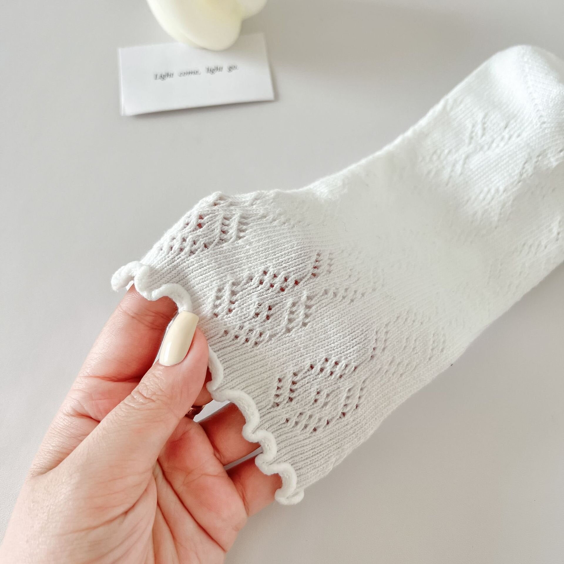 Vintage Mori Girl Pointelle Cotton Lettuce Edge Ruffle Crew Socks - KawaSocks