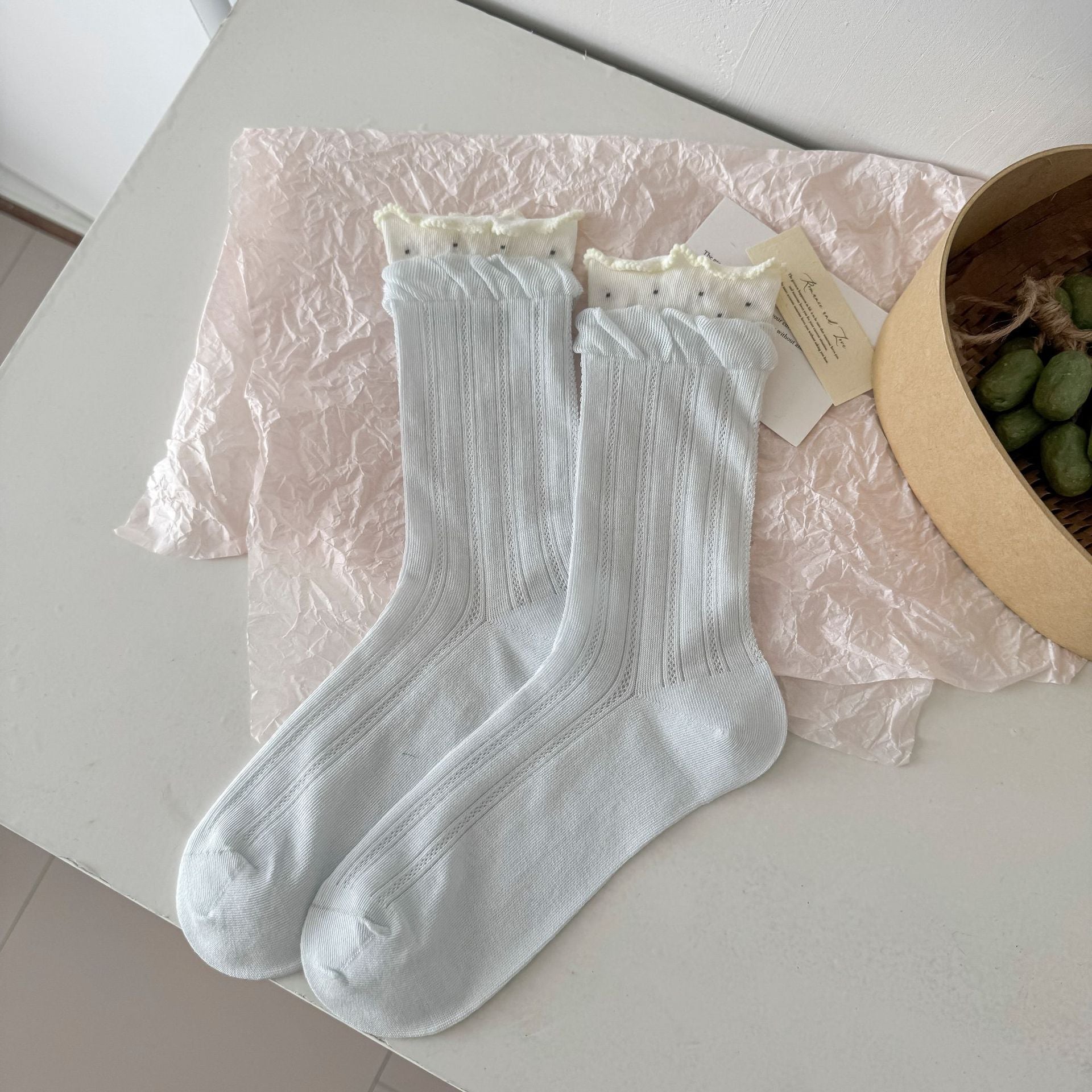 Vintage Cottagecore Pointelle Ribbed Cotton Double Layer Ruffle Crew Socks For Romantic Mori Girl Outfits - KawaSocks