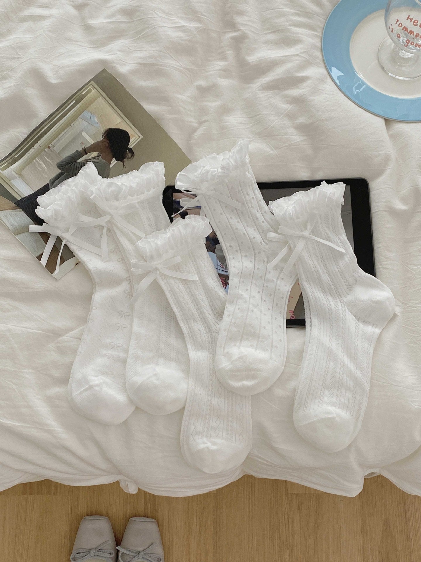 Coquette White Lace Heart Ribbon Ruffle Crew Socks for Balletcore Aesthetic - KawaSocks