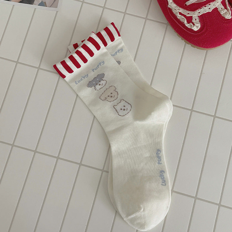 Retro Kawaii Pastel Cotton Lucky Puppy Crew Socks Set for Preppy Styling - KawaSocks