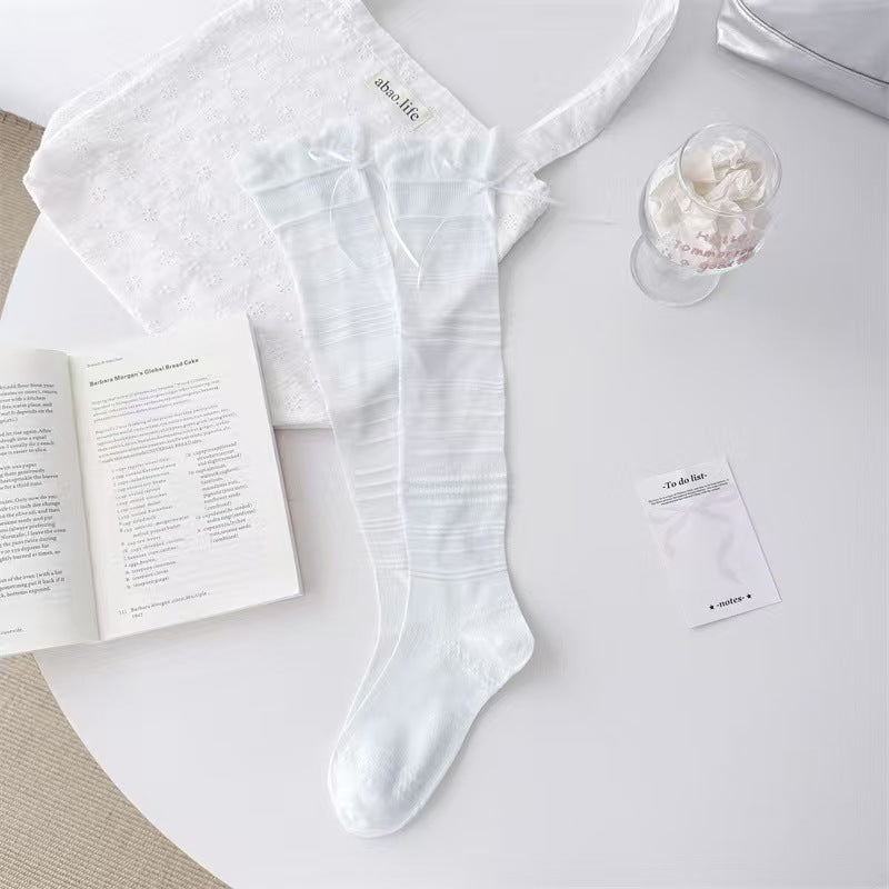 Coquette Balletcore Sheer Striped Mesh Knee High Ribbon Socks - KawaSocks