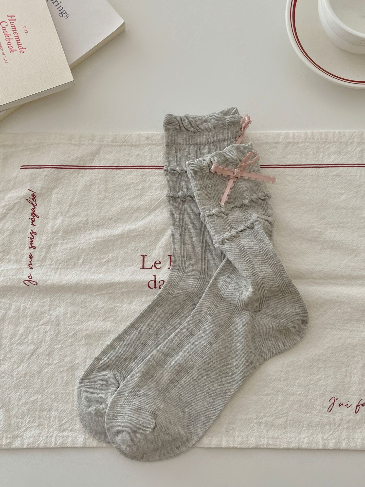 Sweet Coquette Ribbed Cotton Wavy Bow Crew Socks For Romantic Balletcore Styling - KawaSocks