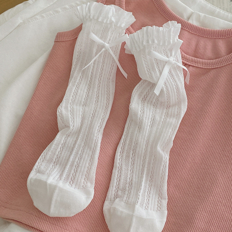 Coquette White Lace Heart Ribbon Ruffle Crew Socks for Balletcore Aesthetic - KawaSocks