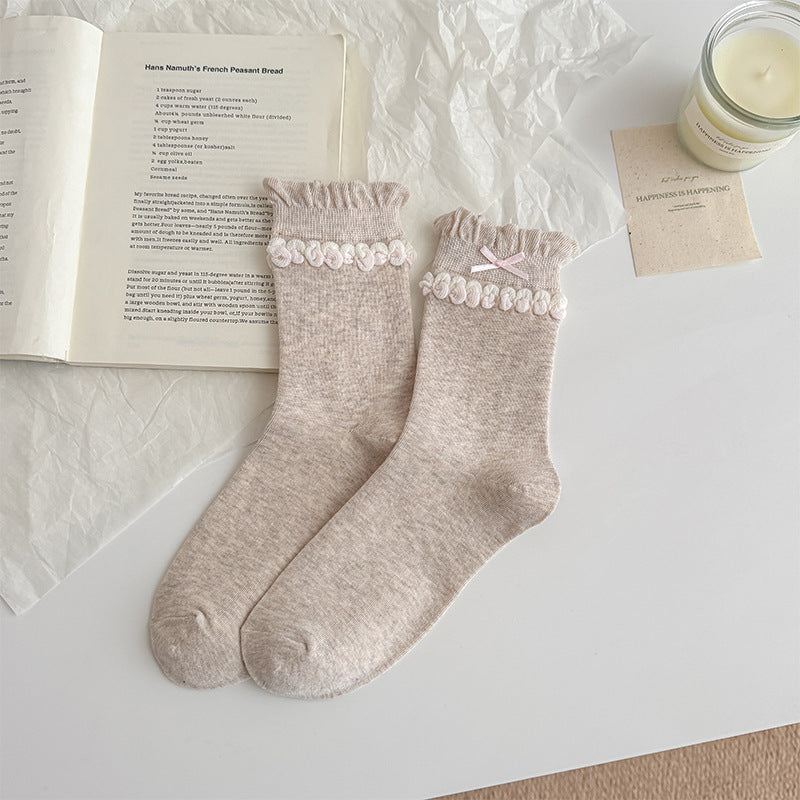 Coquette Romantic Cotton Ruffled Bobble Bow Crew Socks For Sweet Outfits - KawaSocks
