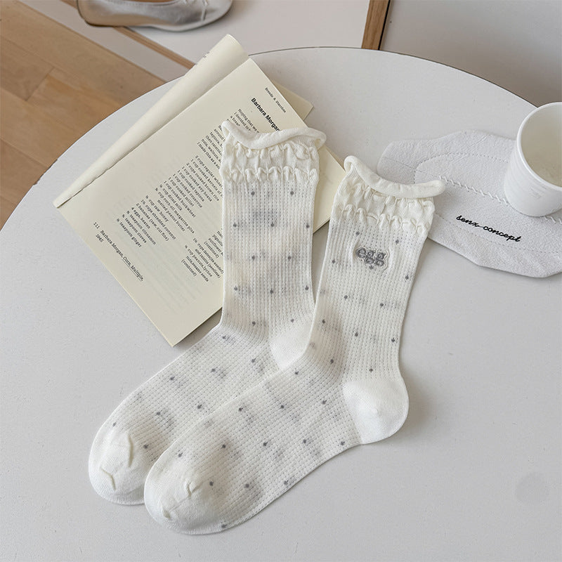 Coquette Vintage Ruffle Ribbon Pointelle Heart Cotton Crew Socks - KawaSocks
