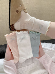Sweet Balletcore Pointelle Cotton Silver Bow Ruffle Crew Socks For Romantic Outfits
