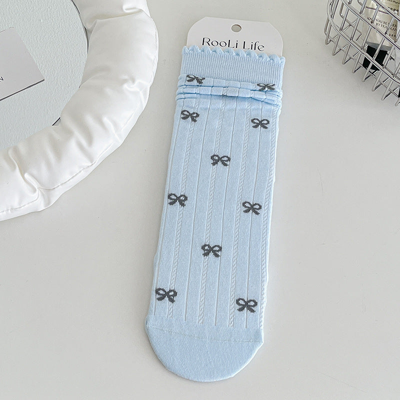 Coquette Kawaii Balletcore Ribbed Cotton Knitted Bow Crew Socks for Romantic Daily Fashion - KawaSocks
