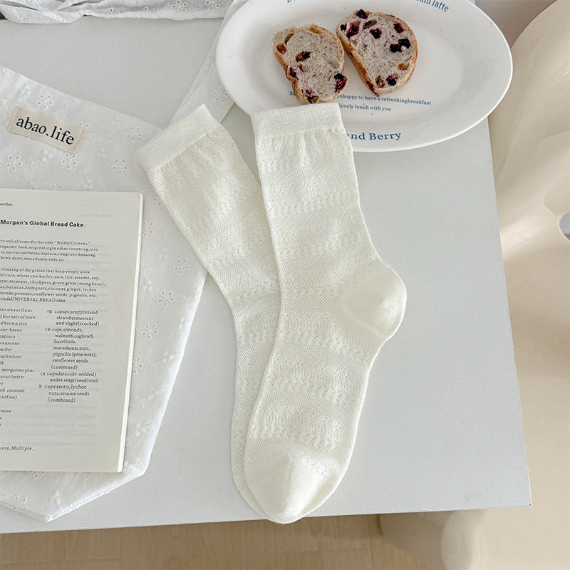 Minimalist Vintage Pointelle Knit Cotton Blend Crew Socks - KawaSocks