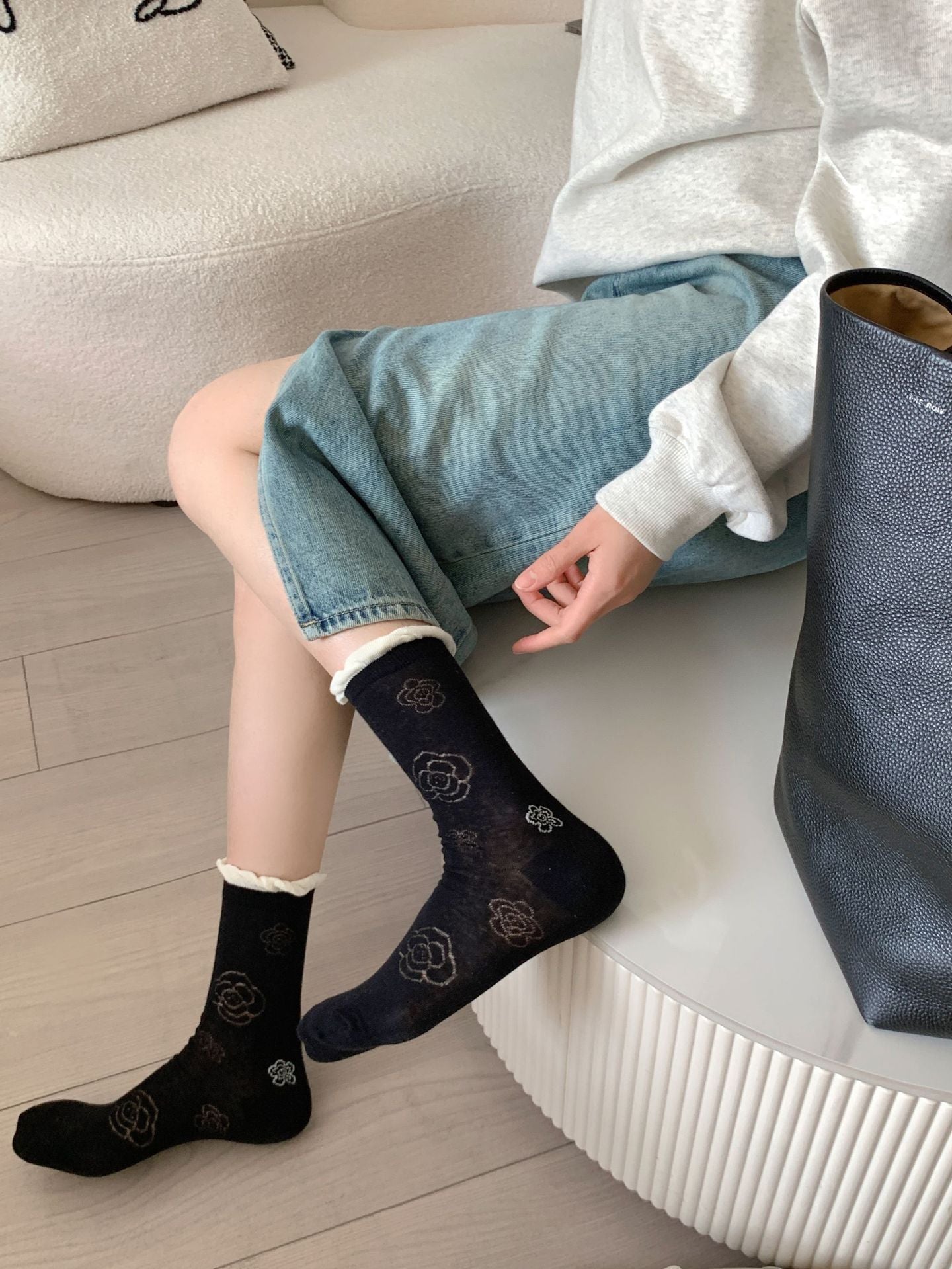Vintage Coquette Soft Cotton Contrast Ruffle Rose Embroidered Crew Socks for Cute Daily Outfits - KawaSocks