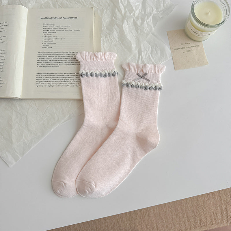 Coquette Romantic Cotton Ruffled Bobble Bow Crew Socks For Sweet Outfits - KawaSocks