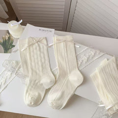 Romantic Coquette Cream Cotton Heart Pointelle Crew Socks with Satin Bows - KawaSocks