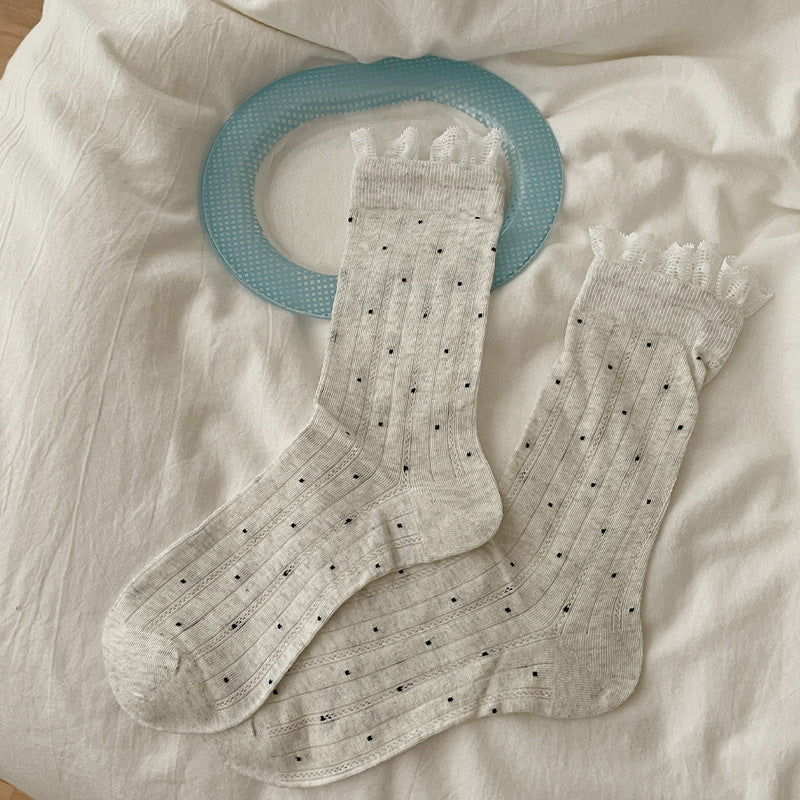 Vintage Coquette Ribbed Cotton Polka Dot Lace Trim Crew Socks For Sweet Outfits - KawaSocks