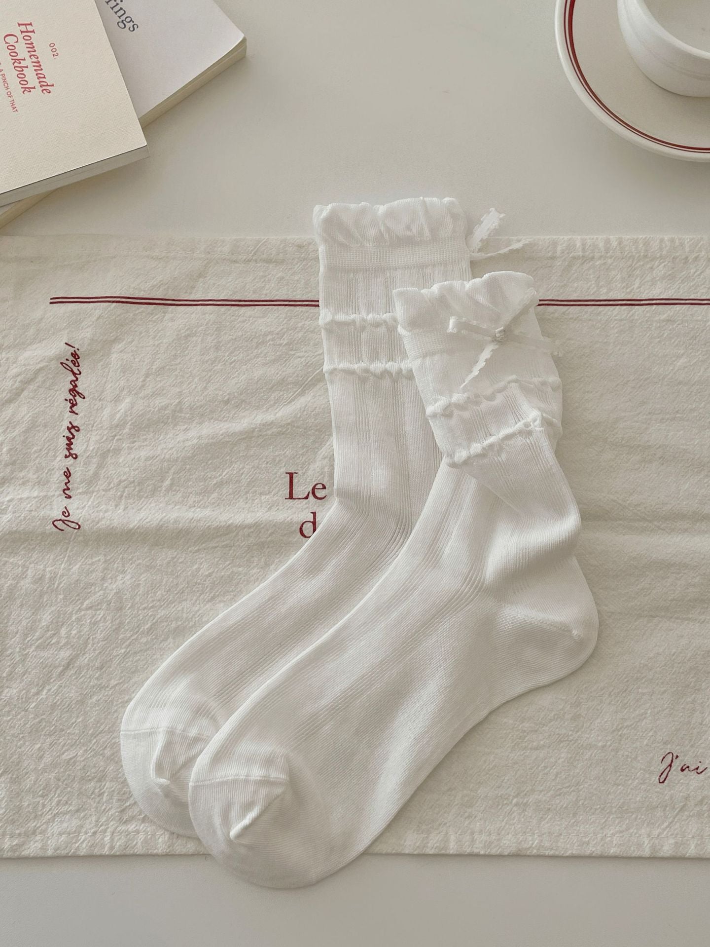 Sweet Coquette Ribbed Cotton Wavy Bow Crew Socks For Romantic Balletcore Styling - KawaSocks