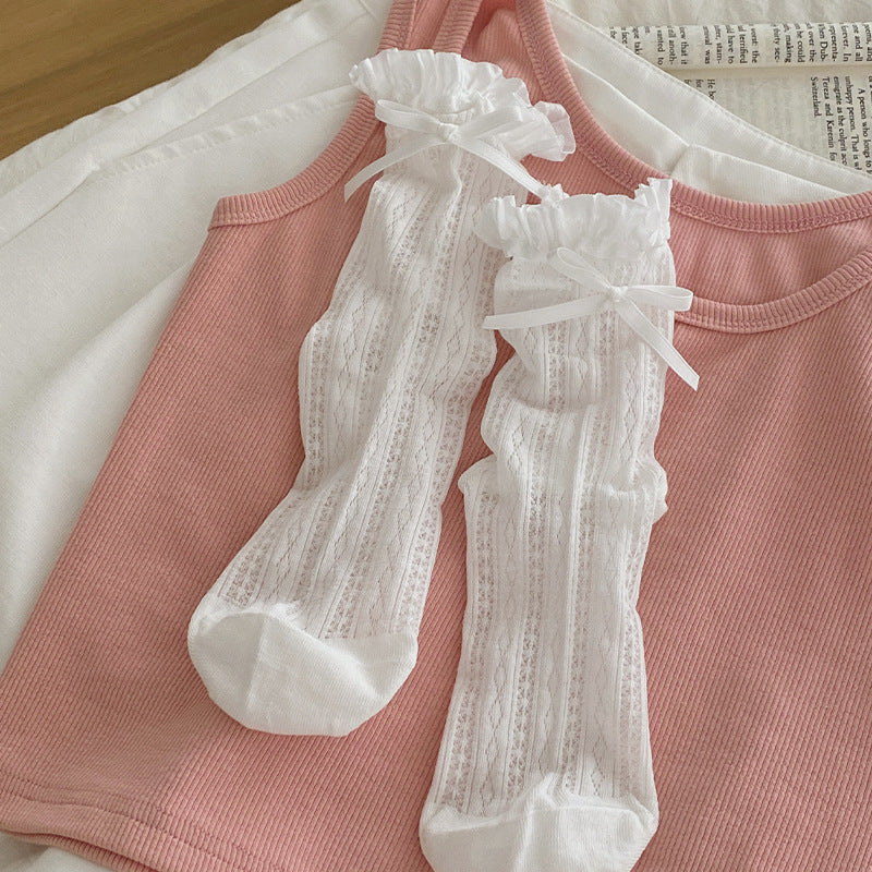 Coquette White Lace Heart Ribbon Ruffle Crew Socks for Balletcore Aesthetic - KawaSocks