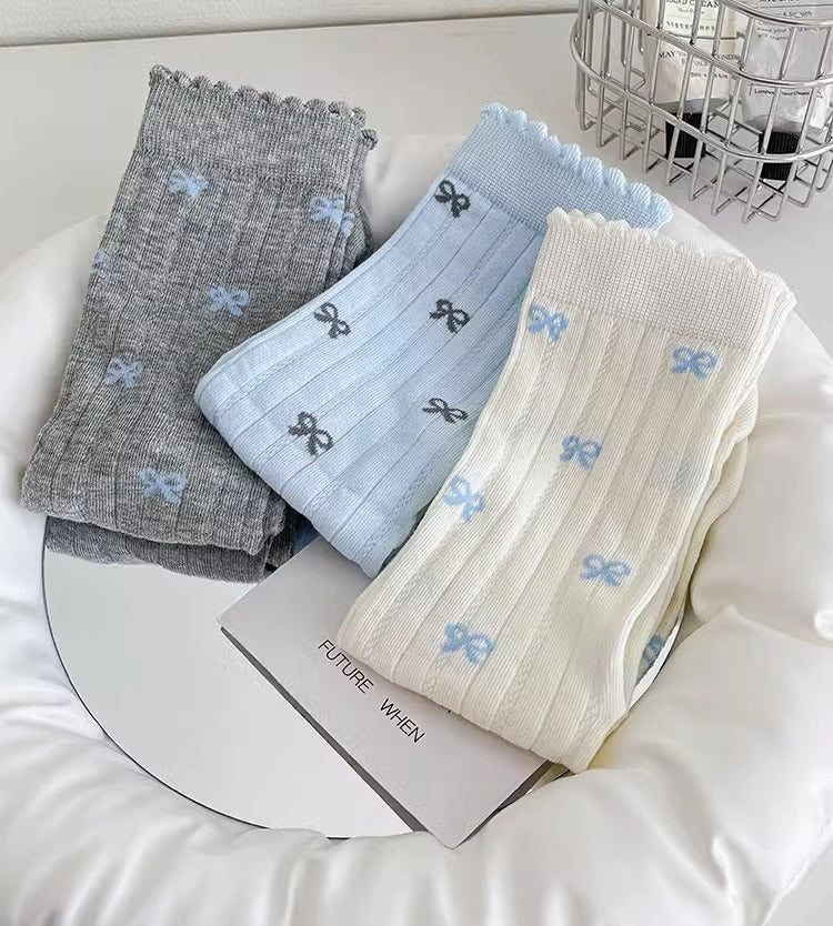 Coquette Kawaii Balletcore Ribbed Cotton Knitted Bow Crew Socks for Romantic Daily Fashion - KawaSocks