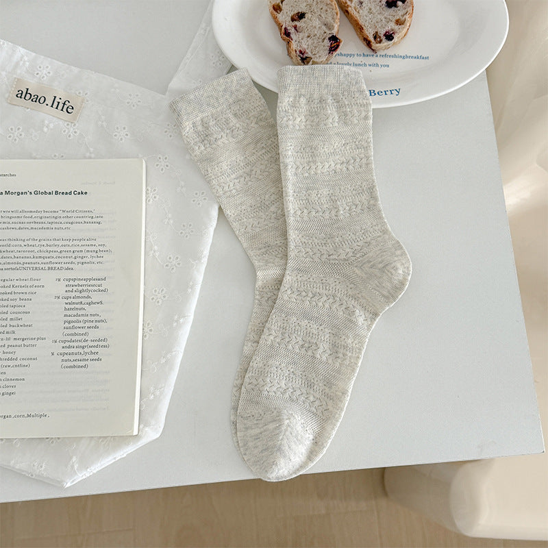 Minimalist Vintage Pointelle Knit Cotton Blend Crew Socks - KawaSocks