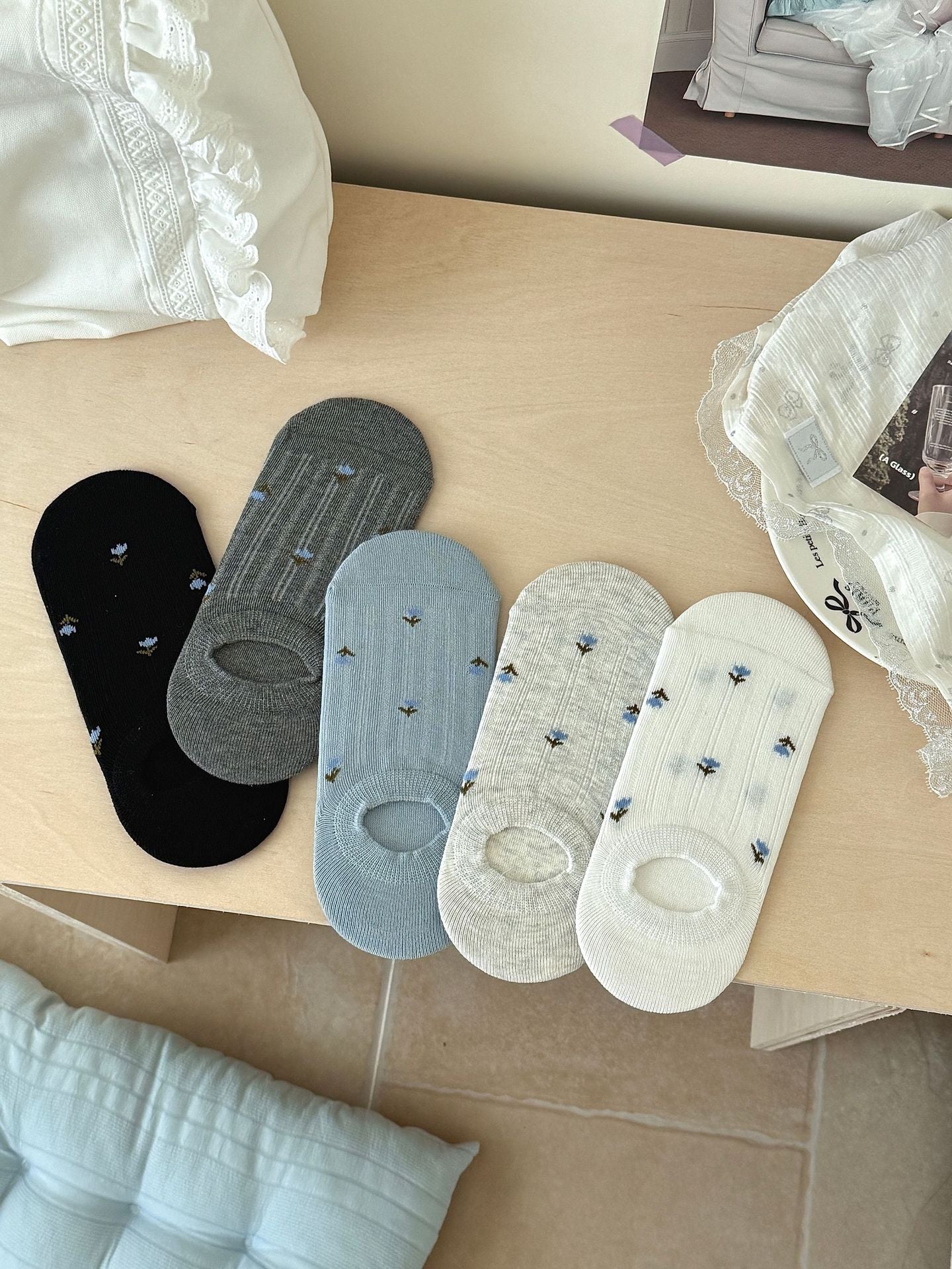 Cottagecore Dainty Floral Ribbed Cotton No Show Socks For Everyday Spring Outfits - KawaSocks