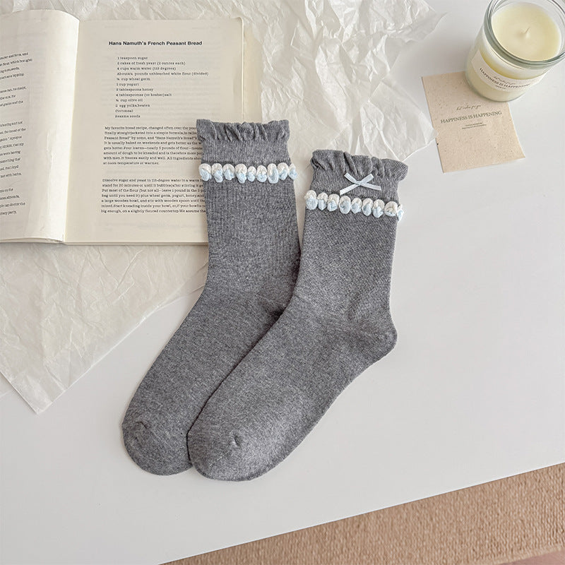 Coquette Romantic Cotton Ruffled Bobble Bow Crew Socks For Sweet Outfits - KawaSocks